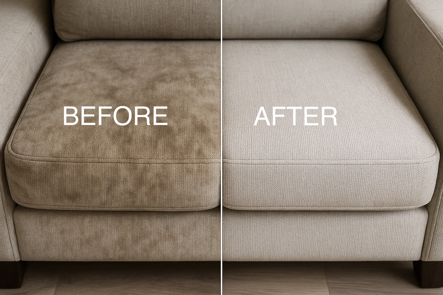 Before and after: one couch cushion cleaned by Pine Cleaning, the other still stained