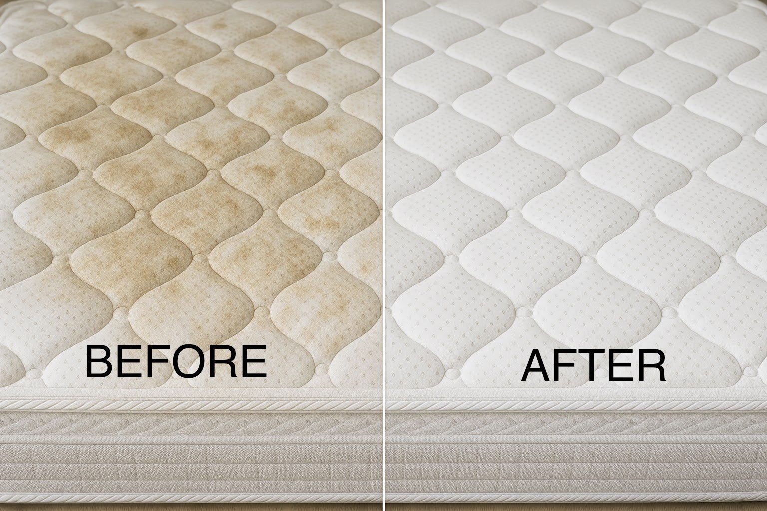 Before and after: a mattress half cleaned, the stained half beside the bright clean half